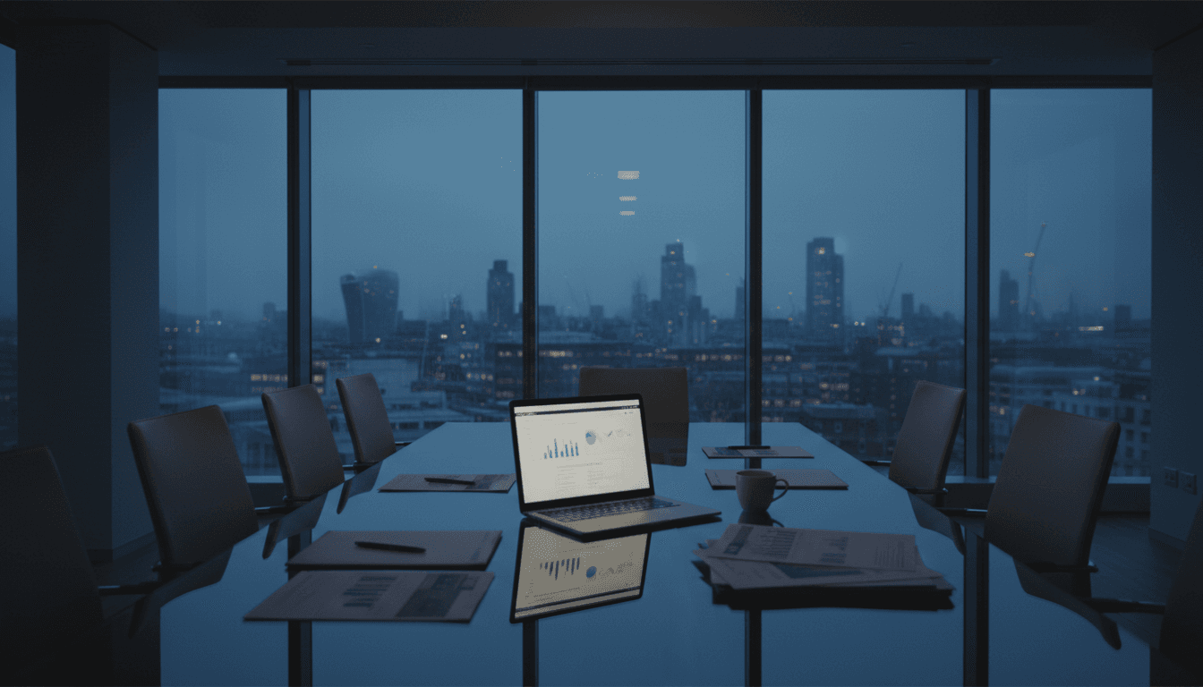 Laptop showing a blurred analytics dashboard on a glass meeting table with a London city skyline visible through the window