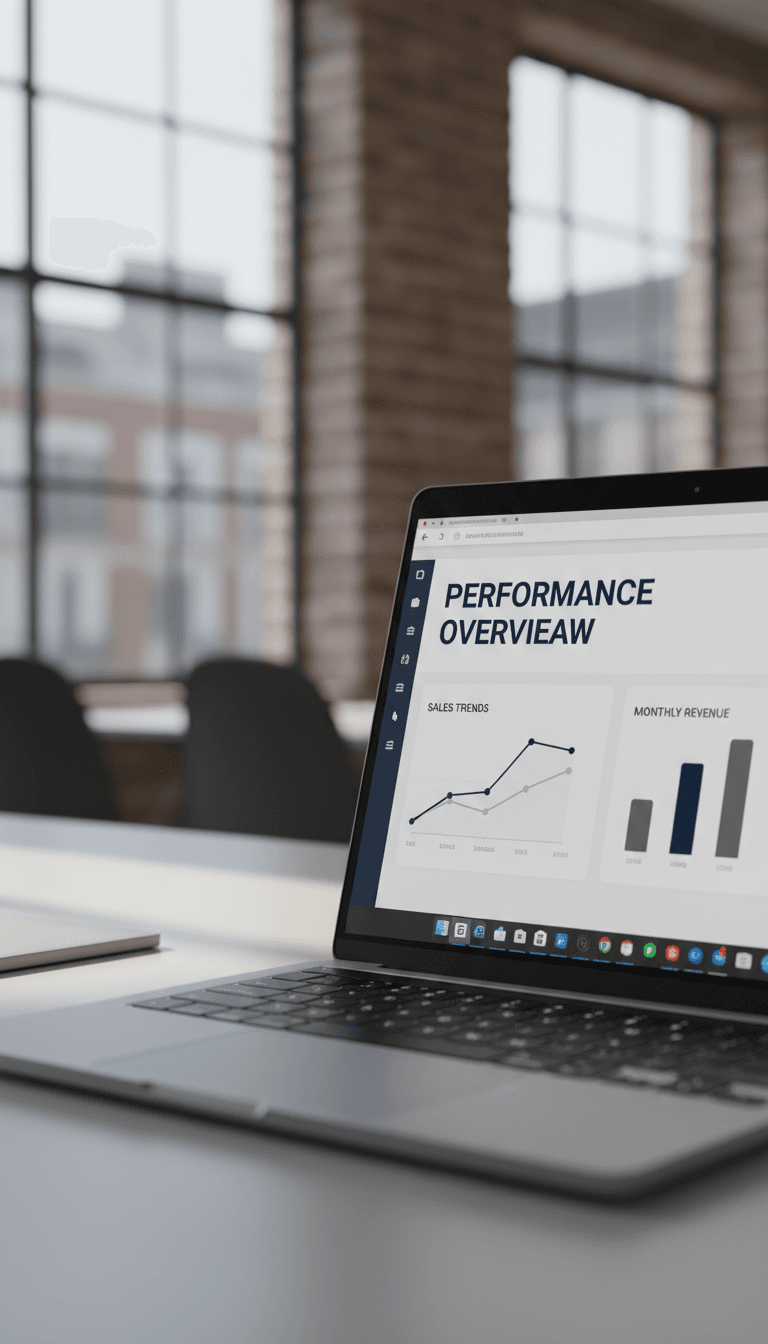 Close-up of laptop screen showing clean analytics dashboard with line graphs