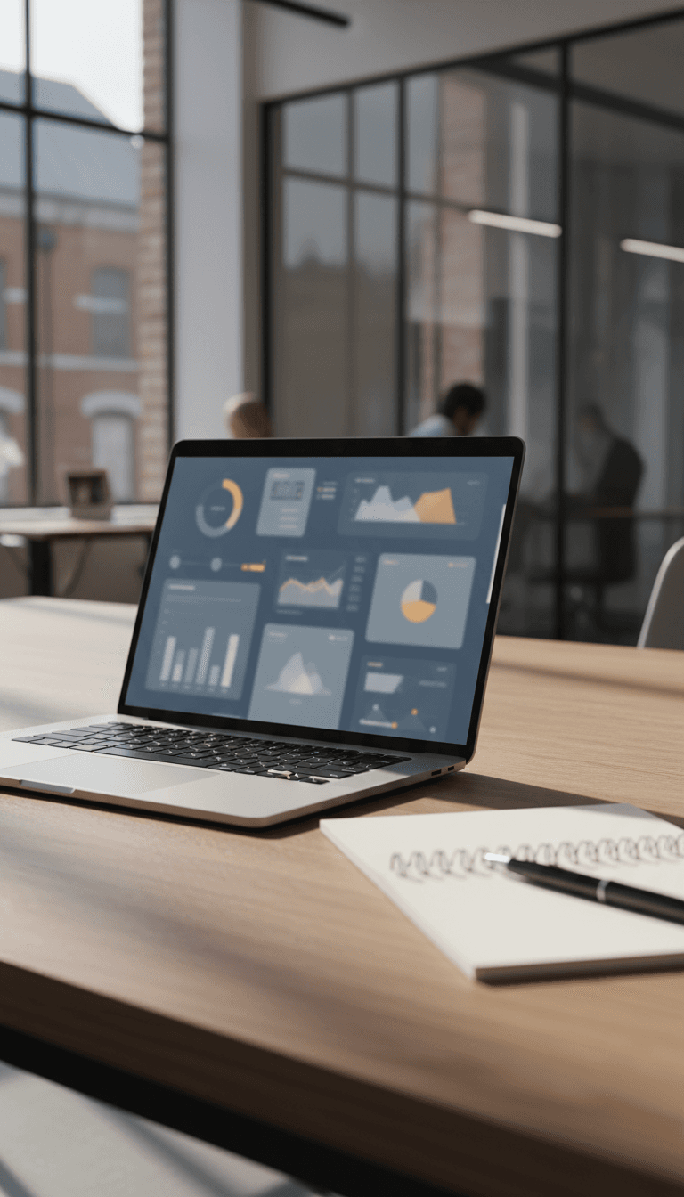 Laptop showing blurred data analytics dashboard in an office