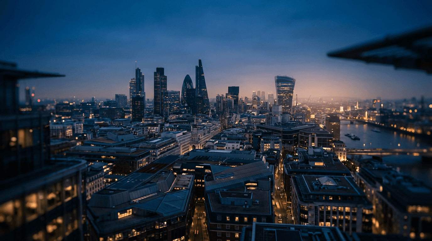 Professionals walking through a modern London business district at dusk