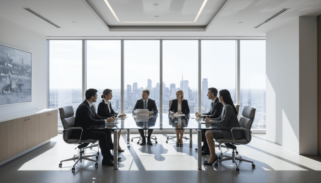 Modern London meeting room with glass table overlooking city skyline