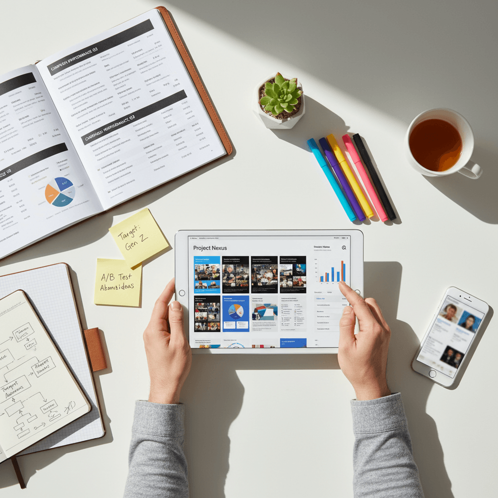Printed ad variations with handwritten notes on a desk