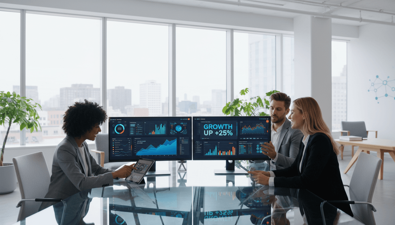 A diverse team of strategists reviewing performance data in a London office