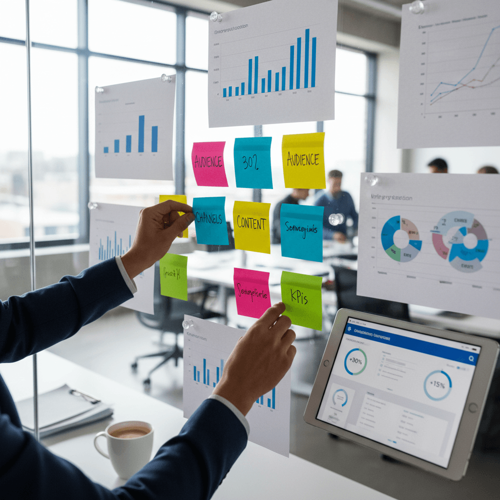 Marketing strategy planning session with charts and analytics